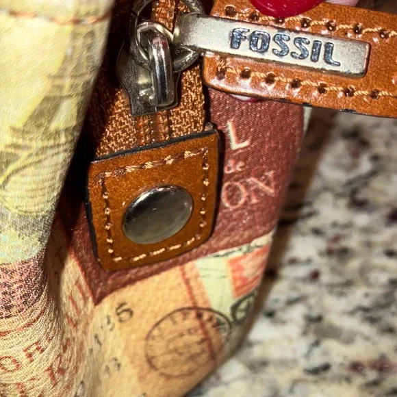 Fossil Vintage Travel Print Satchel Shoulder Bag Brown Leather Handles Cream - Picture 8 of 16